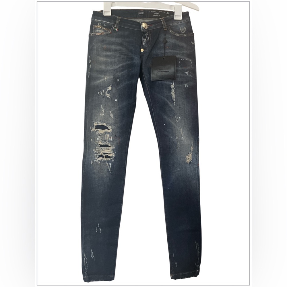 Philipp Plein (super sexy slim) Dark Blue Distressed Skinny Jeans